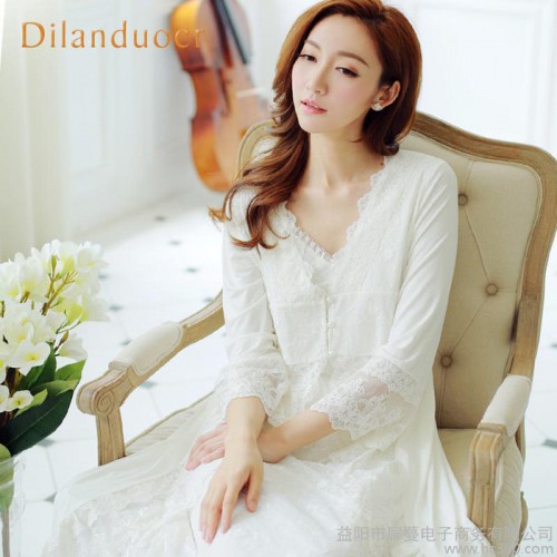 2016春秋 公主睡衣裙蕾絲性感吊帶長袖莫代爾睡袍家居服2