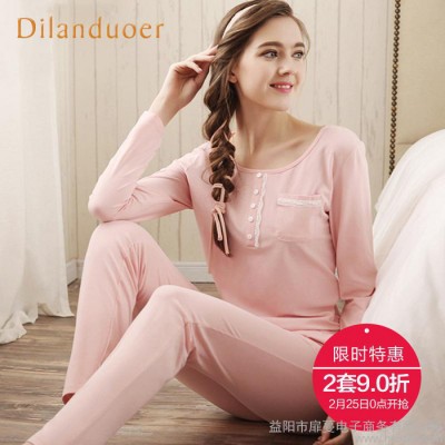 蒂蘭朵兒預售2016春裝新品棉5粒扣家居服 蕾絲花邊睡衣睡褲