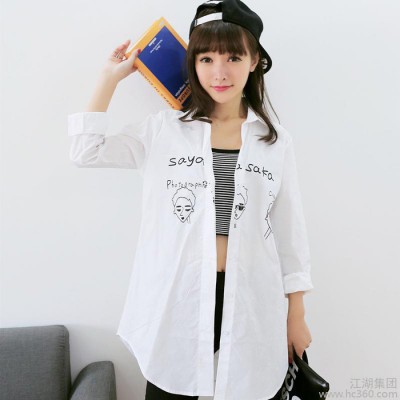 預(yù)付款 ￥17.00 (2015韓風(fēng)春款)字母印花中長款長袖白襯衫