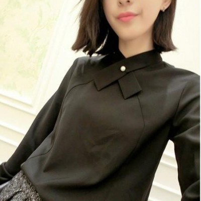 2013秋冬新款【13C】拼接珍珠紐扣純色加厚雪紡女式長袖襯衫