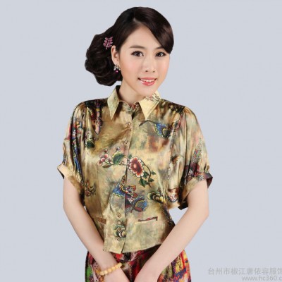 中老年彈力綢緞 真絲短袖上衣桑蠶絲花色襯衫套頭T恤翻領加大