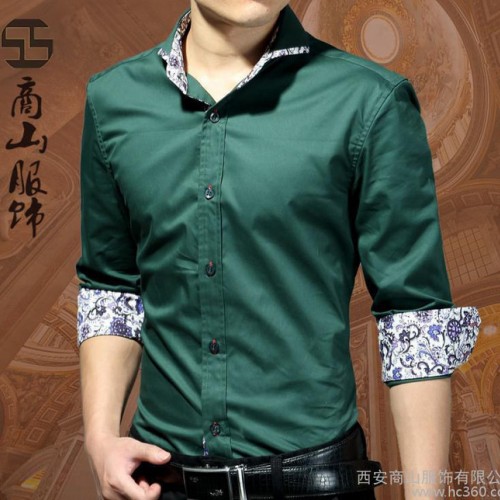 男士時尚修身百搭商務(wù)韓版仿天絲純棉拼接碎花長袖西安工作服定制