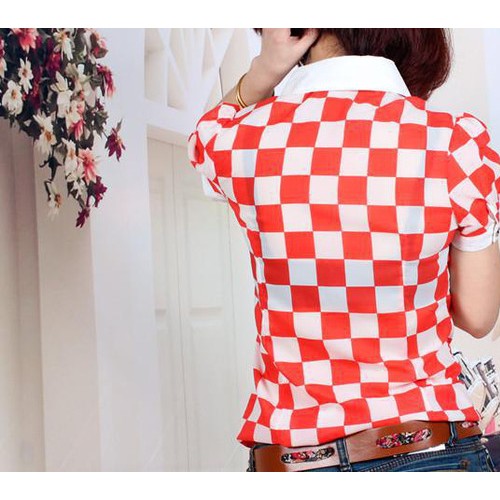 2014新款女裝雪紡襯衫鑲鉆連體休閑格子女襯衫短袖雪紡衫