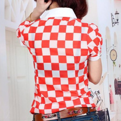 2014新款女裝雪紡襯衫鑲鉆連體休閑格子女襯衫短袖雪紡衫