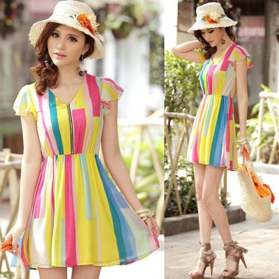 清涼夏裝雪紡短袖連衣裙 印花拼色修身顯瘦大碼