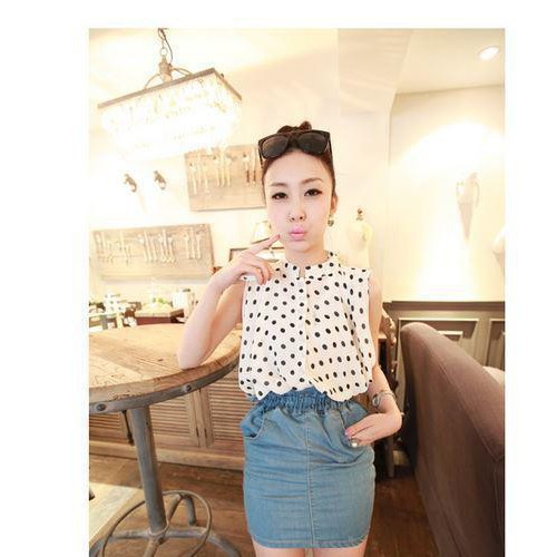 批發2013韓版實體店爆款無袖寬松洋氣波點雪紡衫雪紡襯衣西裝女裝