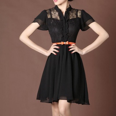 2014夏裝新款 短袖連衣裙 OL風格 塵顏女裝 蕾絲雪紡鏤空翻領