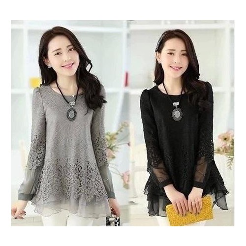 ,2014春裝新款上衣長袖打底衫韓版中長款修身拼接雪紡蕾絲衫