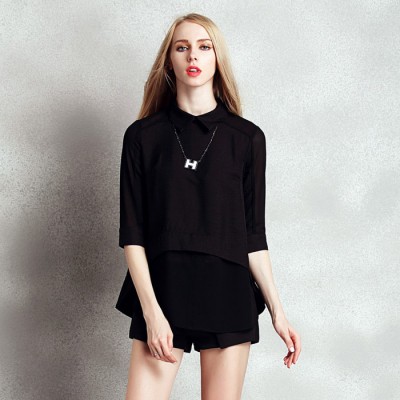 東大門韓版夏季女裝新品雪紡衫黑色娃娃領不規則上衣送項鏈