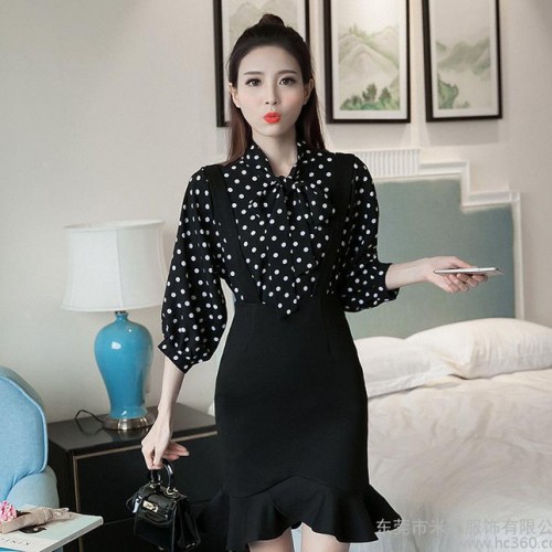 實拍新款 黑白波點雪紡上衣+韓版修身背帶魚尾裙套裝