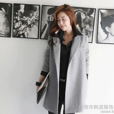 2014秋冬裝新款中長(zhǎng)款腰帶修身毛呢大衣 歐美時(shí)尚西裝毛呢外套女