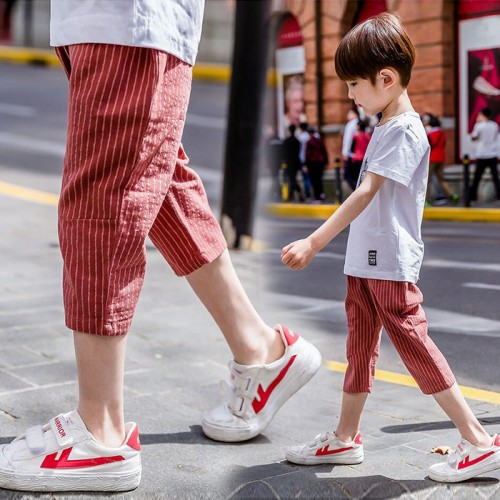 男童棉麻條紋七分褲中大童夏季新款休閑舒適薄款褲子**