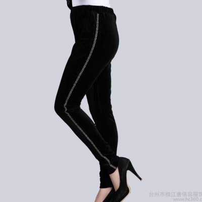 中老年女士金絲絨褲子 媽媽修身褲子 真絲絨松緊長褲 彈力鉛筆褲
