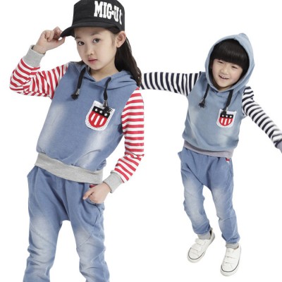 童套裝男女童牛仔條紋運動套裝兒童童裝批發團購