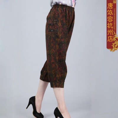 莨綢中老年服裝女士七分褲子中年女褲 真絲香云紗時尚媽媽裝夏裝