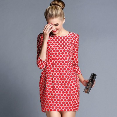 爾革2014秋冬新款歐美高端女裝百搭波點(diǎn)提花九分袖連衣裙一件代發(fā)