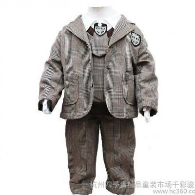 批發(fā)童裝嬰幼套裝新款蝸牛寶貝時尚格子西裝長袖四件套裝*