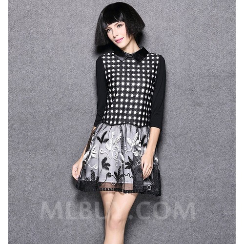 供應春夏新款 品牌定制 波點重工提花低腰拼接歐根紗連衣裙