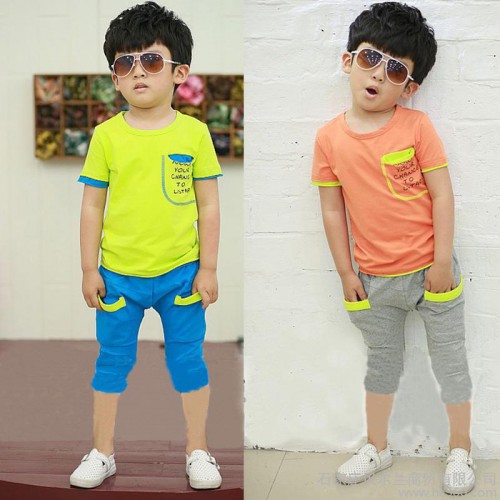 供應2014夏款新品童裝 兒童短袖套裝 男童字母短袖+五分褲休閑套裝