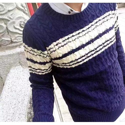 新款潮流條紋男裝針織衫套頭韓版彭于晏提花圖案男士毛衣