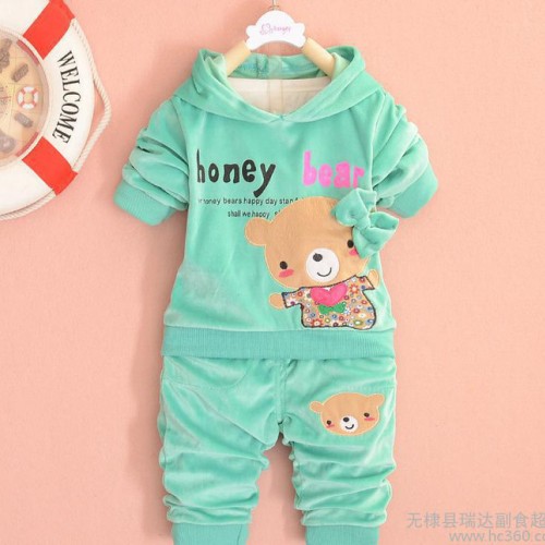 免費代理 童裝一件代發 童套裝秋款女童天鵝絨面料蝴蝶結兩件套