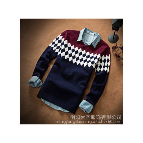 秋冬季新款男式圓領毛衣針織衫韓版修身線衣男裝套頭提花男士毛衣