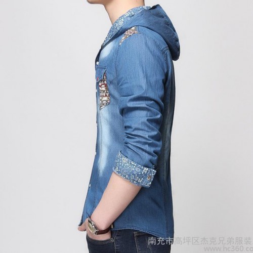 2015春秋 男士牛仔長袖襯衫修身休閑時尚百搭潮牛仔衣服男上