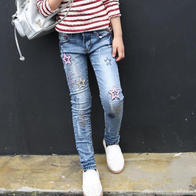 2017女童彈力小腳修身牛仔褲女童中大童牛仔褲韓版寶寶褲子藍色潮