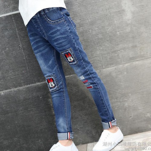 2017韓版兒童修身小腳牛仔褲 女童彈力牛仔小腳修身褲卡通貼布潮