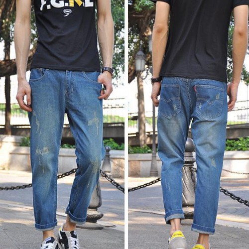 2014男裝新款陳冠希潮牌破洞牛仔褲男九分褲潮褲牛仔褲潮流九分褲