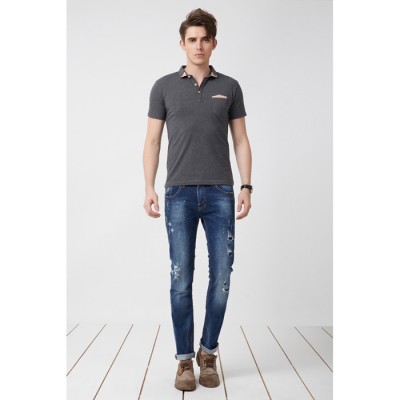 2015 款男裝牛仔褲韓版春裝復古街頭破洞修身小直腳長牛仔褲