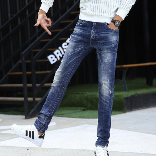 牛仔褲男士秋季新款韓版修身男式牛仔褲刺繡小鳥裝飾小腳褲男