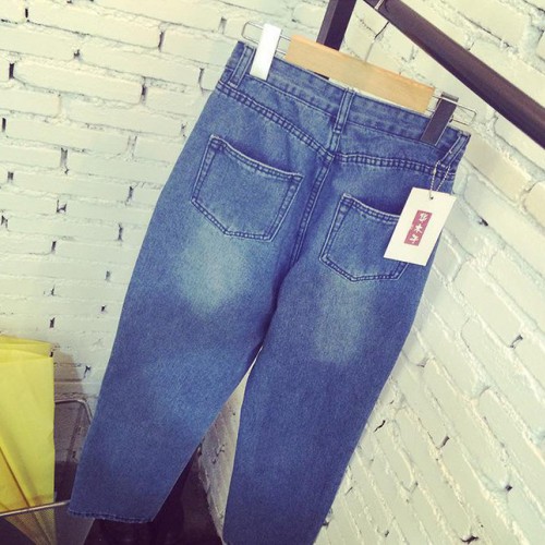 女式牛仔褲,2014春秋冬季新款黃崢高腰寬松抓紋女式牛仔褲休閑長?