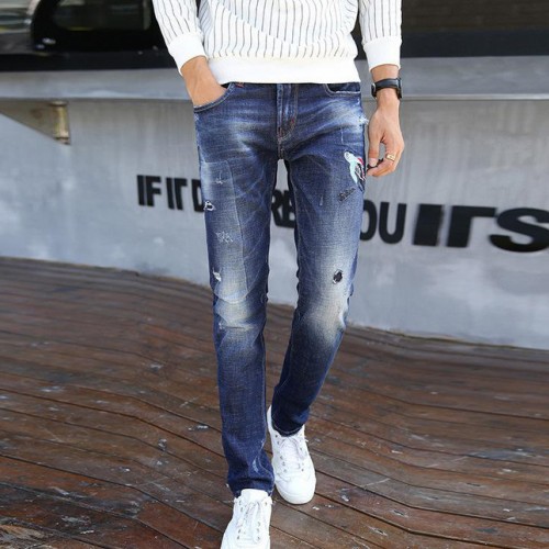 牛仔褲男式修身破洞小腳褲男彈力修身顯瘦休閑大碼刺繡牛仔長褲潮