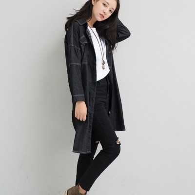 純色2016秋季氣質(zhì)翻領(lǐng)長袖單排扣顯瘦牛仔風衣