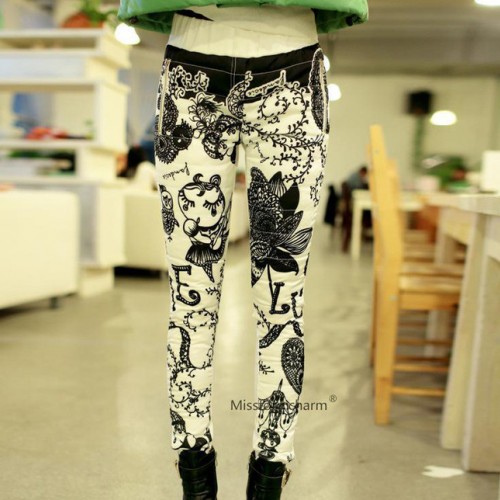 2014冬裝新款潮流修身韓版印花金屬拉鏈羽絨褲黑白新品直銷