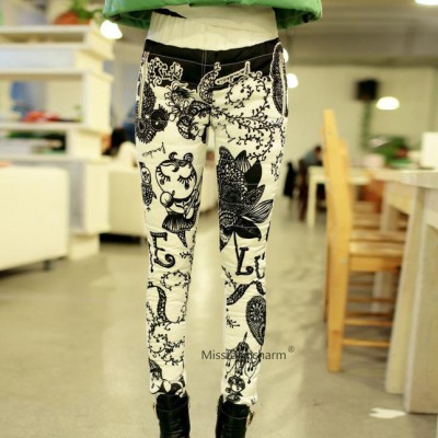 2014冬裝新款潮流修身韓版印花金屬拉鏈羽絨褲黑白新品直銷