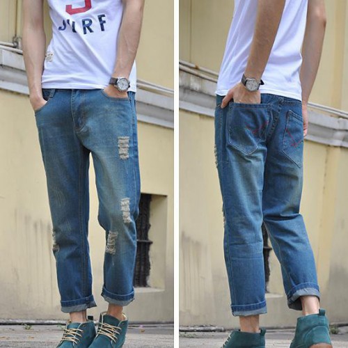 2015男士春裝男士破洞牛仔褲男韓版潮韓版LES破洞九分褲