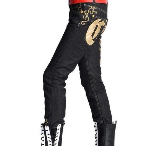 金色刺繡配皮韓版牛仔褲非主流男褲K-109-146夜場歌手牛