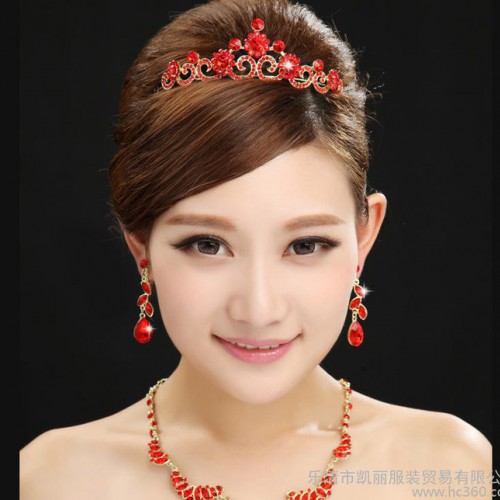 新娘飾品三件套紅色皇冠頭飾結婚項鏈首飾婚紗配飾 蝴蝶花開