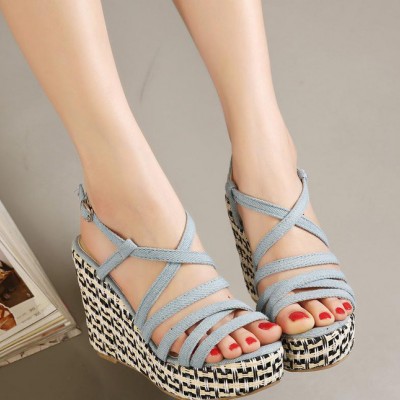 2015夏季韓版VIVI雜志新款波西米亞超高跟細(xì)帶牛仔布坡跟