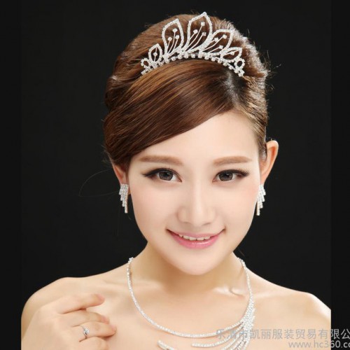 新娘飾品珍珠頭飾婚慶配飾三件套裝韓式皇冠項鏈手鏈耳環