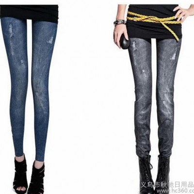 跑江湖地攤爆款 熱賣牛逼打底褲仿牛仔印花褲小腳修身美體褲