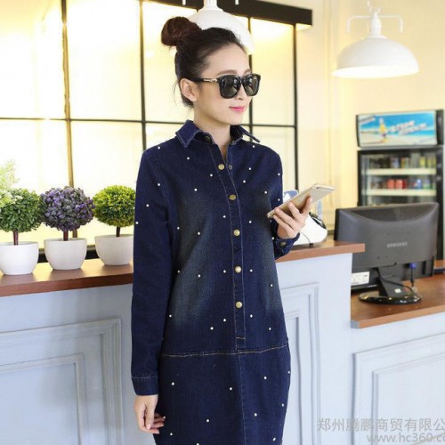 實拍 2015春裝新款韓版寬松大碼時尚釘珠百搭女裝牛仔連衣裙