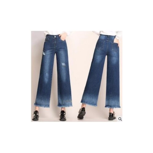 2018春韓版新款女寬松高腰直筒毛邊闊腿破洞牛仔褲一條