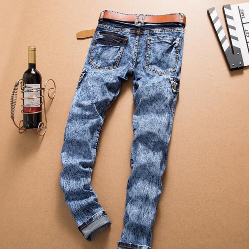 秋季新款潮流男裝拼接夜店型男大碼品牌炒雪花壓皺修身小腳牛仔褲