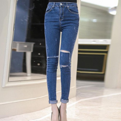 酷芭芭 2016春新款修身顯瘦破洞小腳鉛筆牛仔褲直銷一件代發(fā)