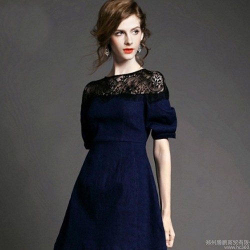 歐美女裝2015春季新款 蕾絲彈力牛仔修身A字連衣裙