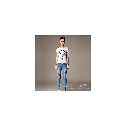 供應重工水溶刺繡鑲鉆釘珠 網紗透視骷髏腰帶小腳牛仔褲(配腰帶)