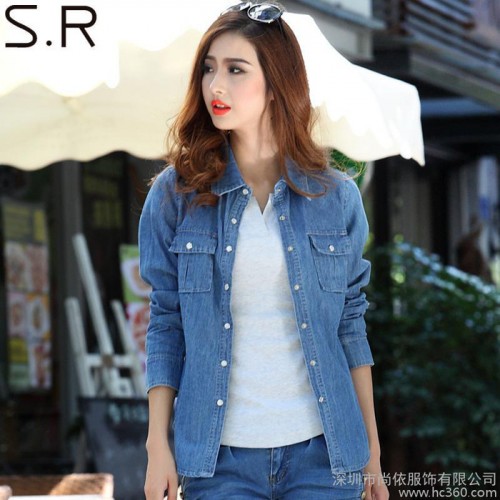 供應星旋百搭修身顯瘦純棉牛仔襯衫襯衣女